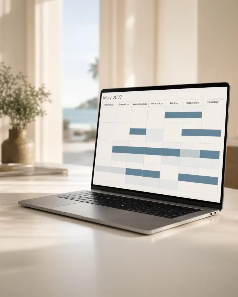 Laptop showing a vacation rental booking calendar