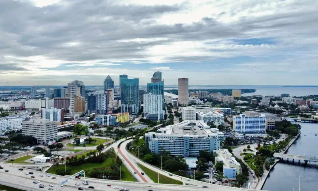 Aerial view of the Tampa cityscape with modern skyscrapers in Florida