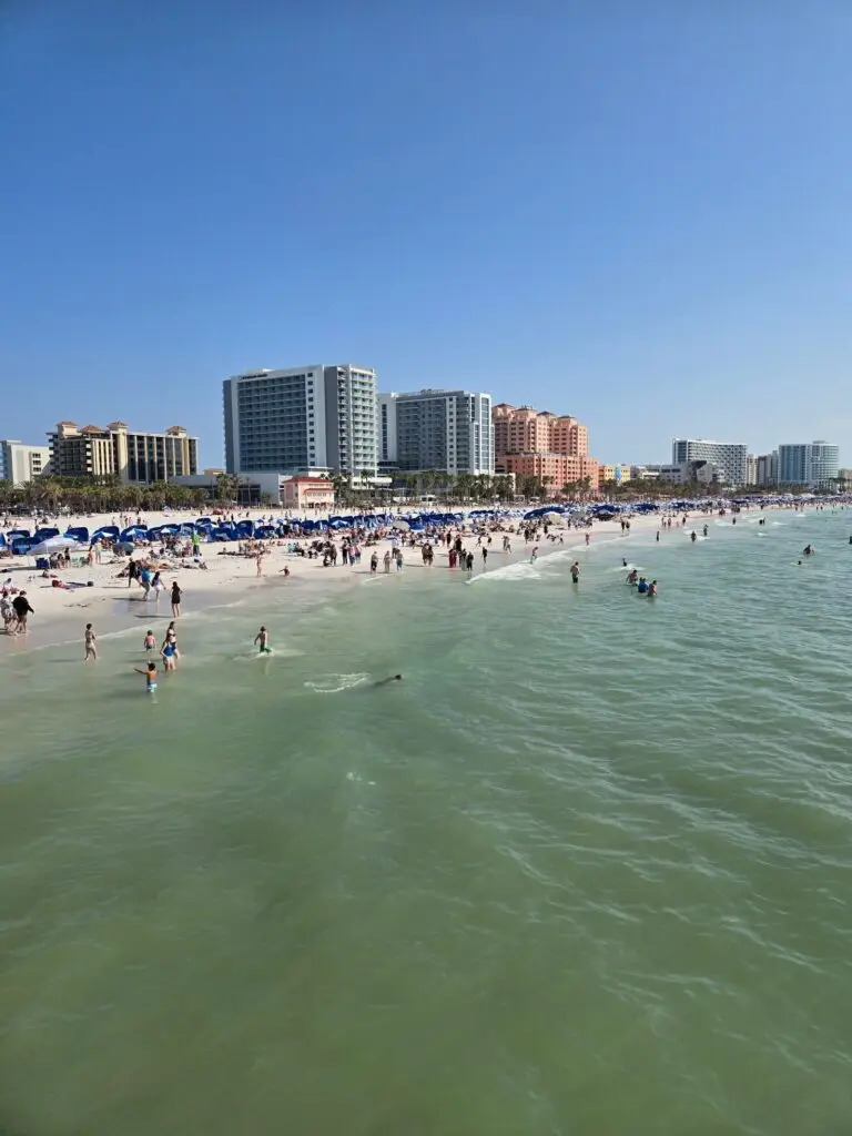 Clearwater Beach shoreline with soft white sand on Florida's Gulf Coast