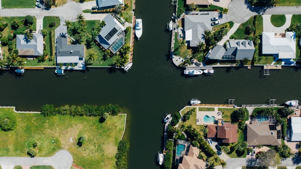 Aerial view of Cape Coral canals and waterfront homes in Southwest Florida