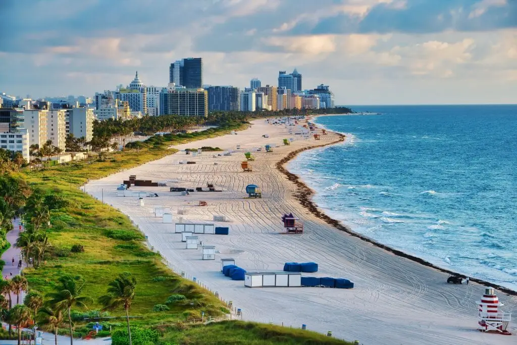 Aerial view of Miami Beach coastline with buildings and ocean in Florida