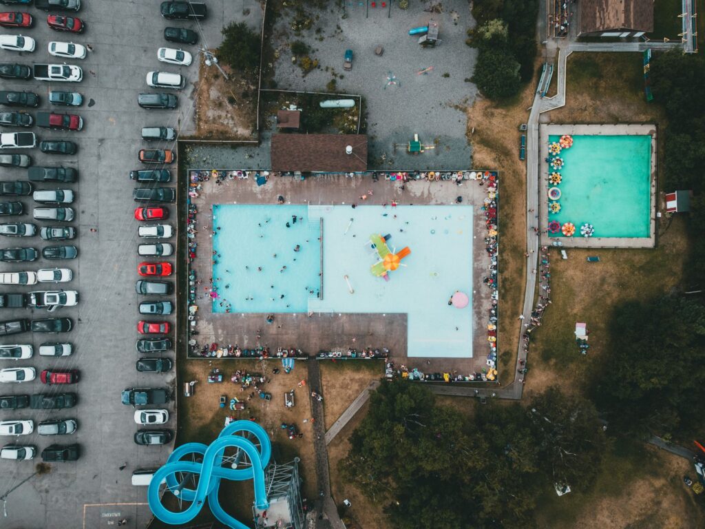 Colorful water park slides on a sunny day